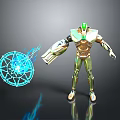 Robot Character With Green Gold Armor Glowing Head Arm Device And Blue Energy Orb
