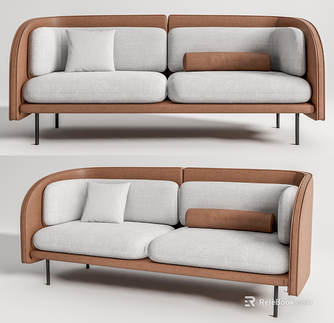 Modern Two-Seater Sofa With Light Gray Fabric Cushions Brown Leather Armrests And Metal Legs 3d model 