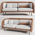 Modern Two-Seater Sofa With Light Gray Fabric Cushions Brown Leather Armrests And Metal Legs