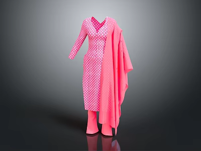 Pink Long Dress With White Polka Dots And Matching Pink Shawl 3d model
