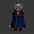 Game Movie Character Gray White Cat In Blue Cloak With Orange Trim Standing Pose