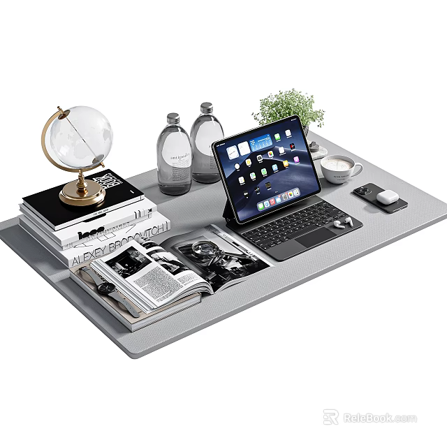 Elegant Decorative Ornament Set With Globe Books Glass Bottles Laptop Mouse And Small Potted Plant 3d model 