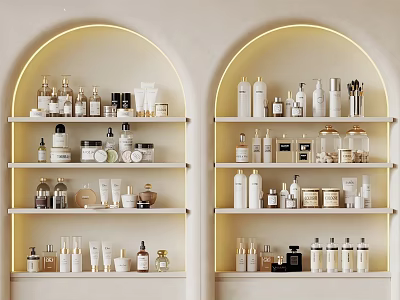 Cosmetics Store Display With Illuminated Arched Shelves And Various Beauty Products 3d model