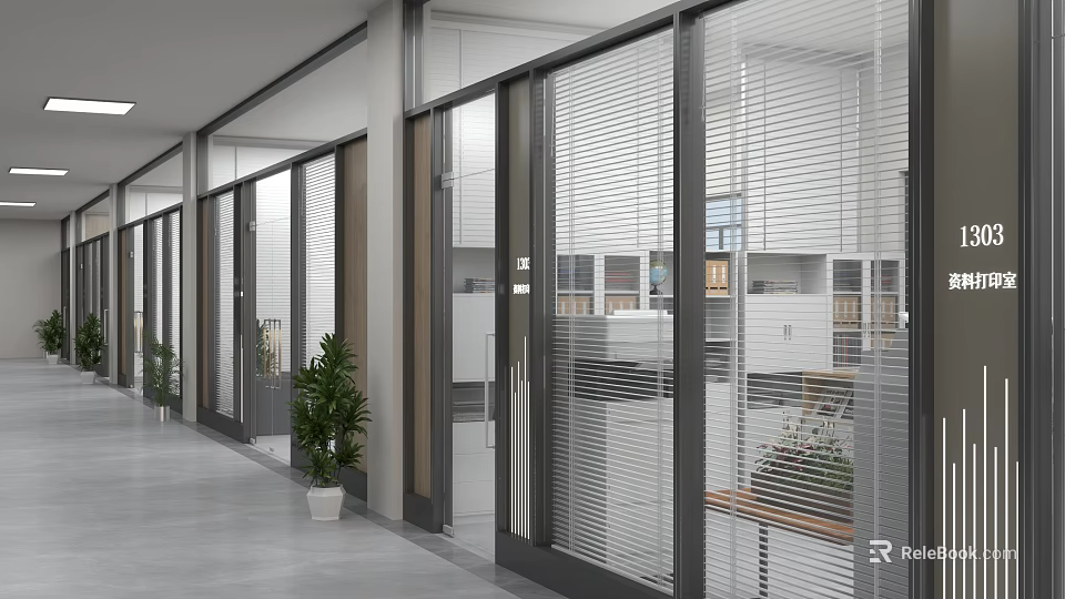 Bright Modern Office Layout With Glass Partitions Built In Blinds And Neat Green Potted Plants 3d model 