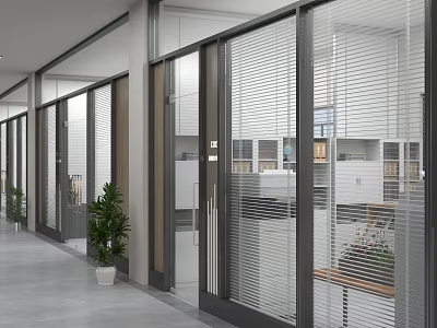 Bright Modern Office Layout With Glass Partitions Built In Blinds And Neat Green Potted Plants 3d model