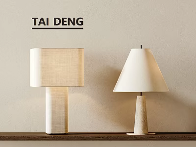 Modern Table Lamps With Light Colored Shades And Textured Smooth Bases On Wooden Shelf 3d model