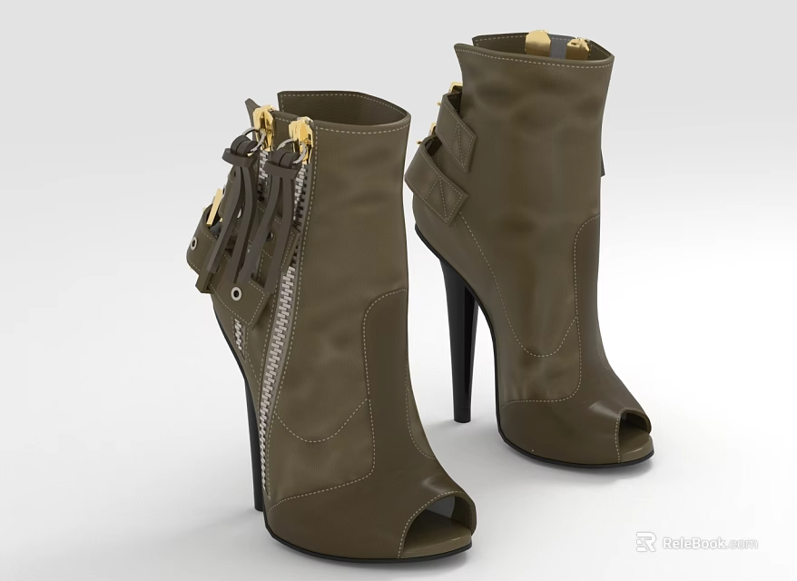 Brown Peep Toe Ankle Boots with Stiletto Heels Zipper Details and Tassel Accents 3d model 