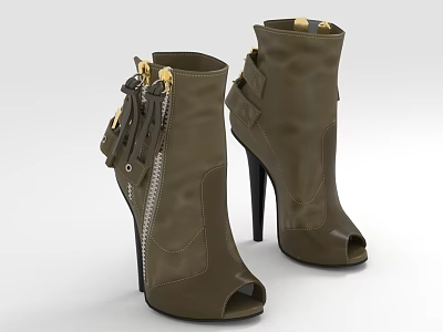 Brown Peep Toe Ankle Boots with Stiletto Heels Zipper Details and Tassel Accents 3d model