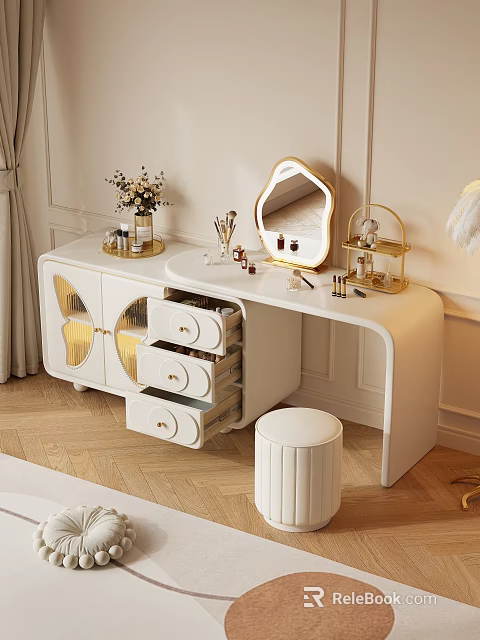 Elegant Modern White Dressing Table Bedroom Interior With Gold Accents Drawers And Makeup Items 3d model 