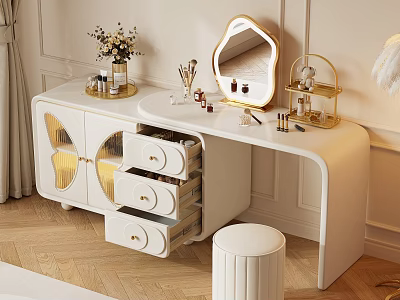 Elegant Modern White Dressing Table Bedroom Interior With Gold Accents Drawers And Makeup Items 3d model