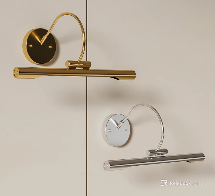 Modern Minimalist Gold and Silver Wall Sconces with Circular Base Curved Arm and Horizontal Bar 3d model 