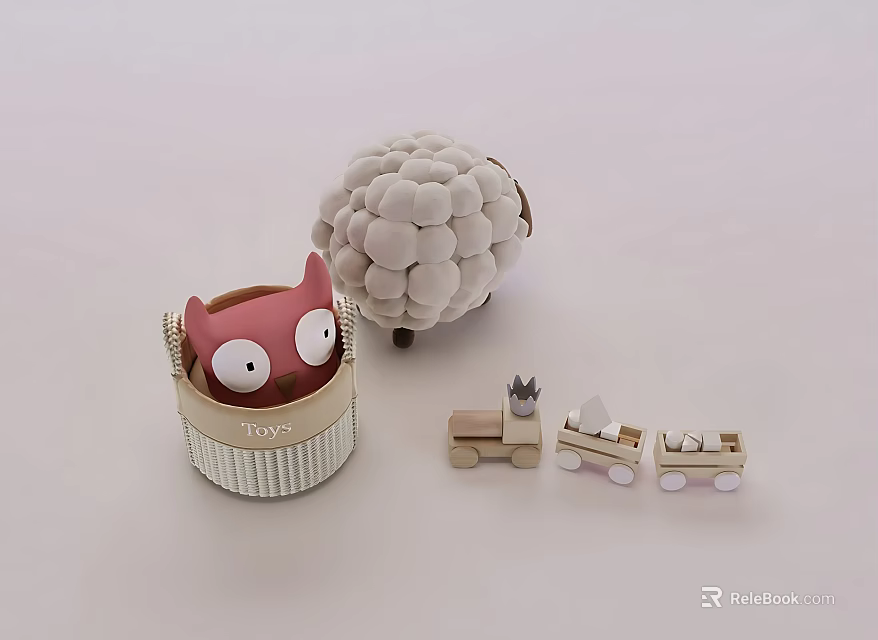 Cute Pink Owl And White Fluffy Dolls With Wooden Toy Train Set 3d model 