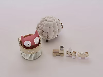 Cute Pink Owl And White Fluffy Dolls With Wooden Toy Train Set 3d model
