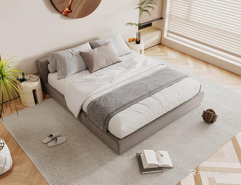 Modern Double Bed With Soft Pillows And Gray Throw Blanket In Cozy Bedroom Interior 3d model 