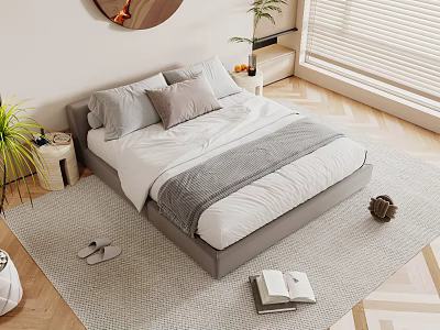 Modern Double Bed With Soft Pillows And Gray Throw Blanket In Cozy Bedroom Interior 3d model
