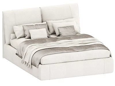 Modern Upholstered Double Bed With Padded Headboard Plush Blanket And Neutral Pillows 3d model