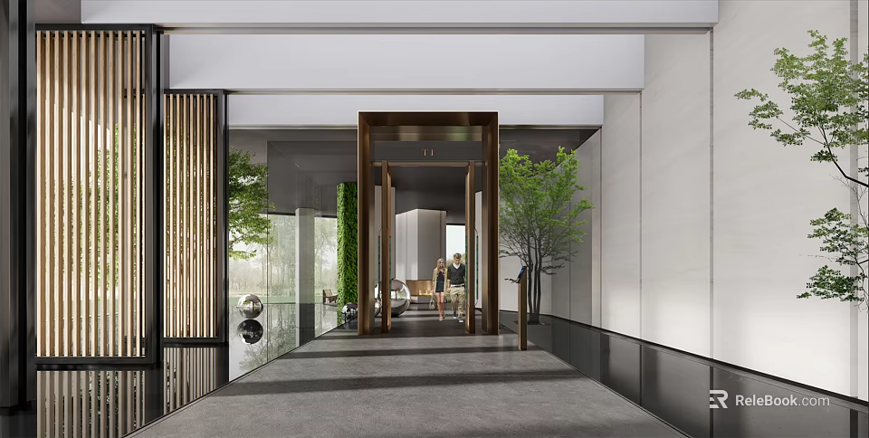 Modern Hotel Lobby Interior With Glass Partitions Greenery And Reception Area Design 3d model 