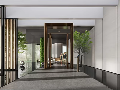 Modern Hotel Lobby Interior With Glass Partitions Greenery And Reception Area Design 3d model