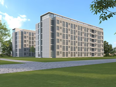 Modern School Building Architecture With Green Lawn Trees Blue Sky And White Clouds 3d model