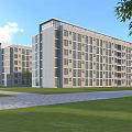 Modern School Building Architecture With Green Lawn Trees Blue Sky And White Clouds