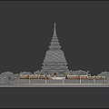 Ancient Architecture White Pagoda Design With Green Trees Small Buildings And Circular Water Platform