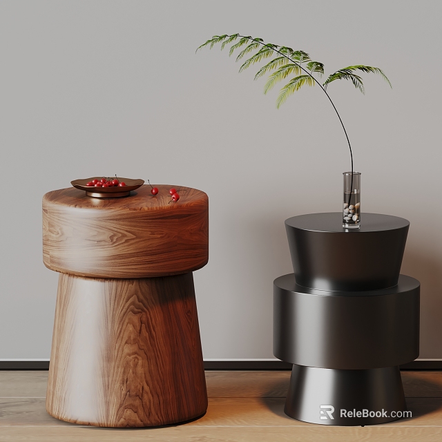 Wooden Round Top And Black Layered Side Tables With Red Berries Glass Vase Green Plant 3d model 