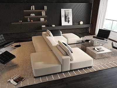 Modern Beige Sofa and Coffee Table Set in Living Room with Rug and Wall Art 3d model