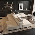 Modern Beige Sofa and Coffee Table Set in Living Room with Rug and Wall Art