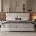 Modern White Leather Double Bed With Wooden Accent Wall And Nightstand In Contemporary Bedroom