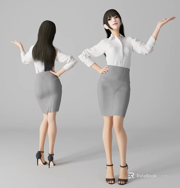 Professional Women In White Shirts And Gray Skirts Posing From Different Angles With High Heels 3d model 