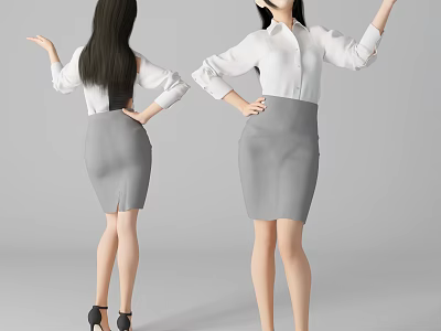 Professional Women In White Shirts And Gray Skirts Posing From Different Angles With High Heels 3d model