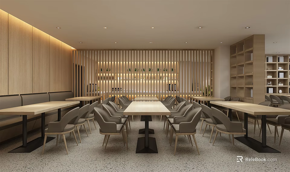 Modern Restaurant Interior Design With Long Wooden Tables And Comfortable Gray Chairs 3d model 