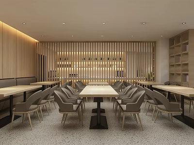 Modern Restaurant Interior Design With Long Wooden Tables And Comfortable Gray Chairs 3d model