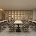 Modern Restaurant Interior Design With Long Wooden Tables And Comfortable Gray Chairs