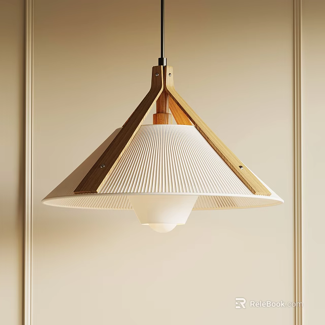 Modern Wooden Pendant Light With Pleated White Shade And Triangle Frame Design 3d model 