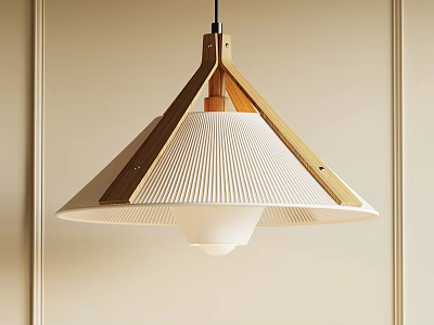 Modern Wooden Pendant Light With Pleated White Shade And Triangle Frame Design 3d model