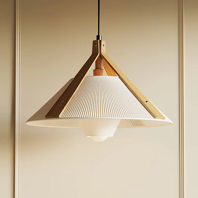 Modern Wooden Pendant Light With Pleated White Shade And Triangle Frame Design 3d model