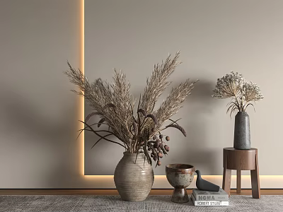 Ceramic And Metal Vases With Dried Grasses Flowers On Minimalist Wall With Soft Lighting 3d model