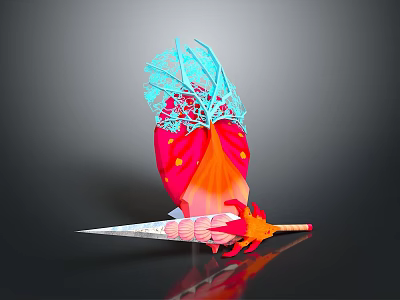 Unique 3D Artistic Weapon Featuring Red Orange Flame And Blue Decorative Elements 3d model