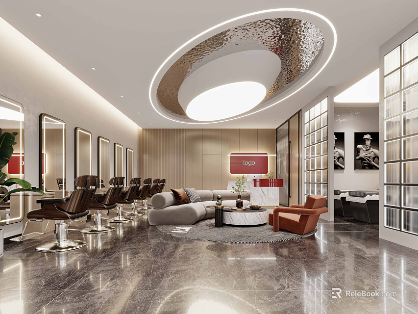 Modern Hair Salon Interior With Styling Chairs Mirrors Lounge Circular Light And Marble Flooring 3d model 