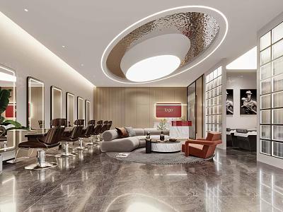 Modern Hair Salon Interior With Styling Chairs Mirrors Lounge Circular Light And Marble Flooring 3d model