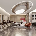 Modern Hair Salon Interior With Styling Chairs Mirrors Lounge Circular Light And Marble Flooring