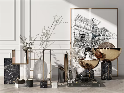 Elegant Modern Decorative Ornament Set With Metal Frames Marble Bases And Vases 3d model