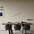 Modern Dining Table Set With Marble Top Black Chairs Hanging Light And Wall Art
