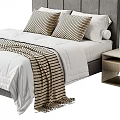 Modern Bedroom Interior With Gray Headboard White Comforter Striped Pillows And Nightstand