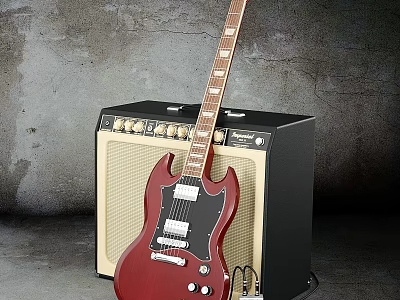 Red Electric Guitar Leaning On Black Beige Amplifier In Studio Setup 3d model