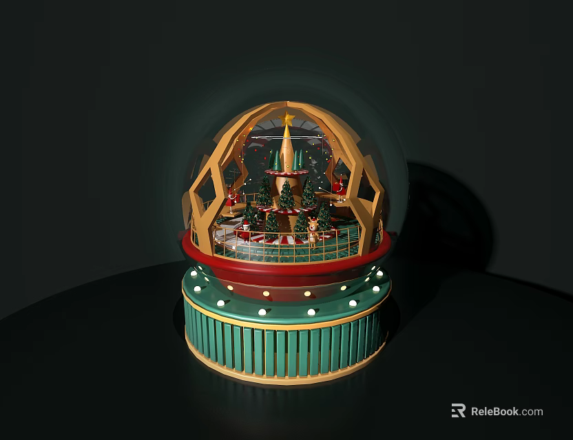 Intricate Snow Globe Featuring Tower Decoration Green Red Base On Black Table 3d model