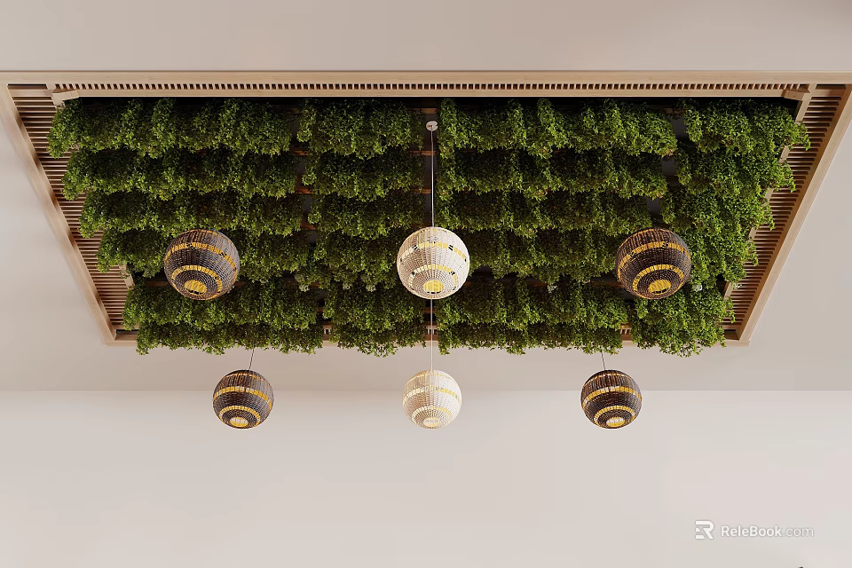 Ceiling Design With Green Plants And Hanging Lamps 3d model 