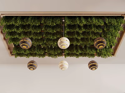 Ceiling Design With Green Plants And Hanging Lamps 3d model