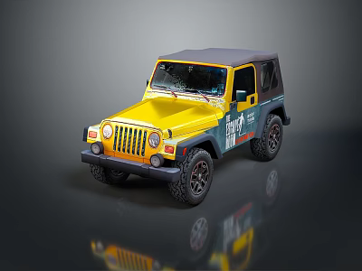 Yellow Jeep Convertible with Black Top and Off Road Wheels Graphics 3d model